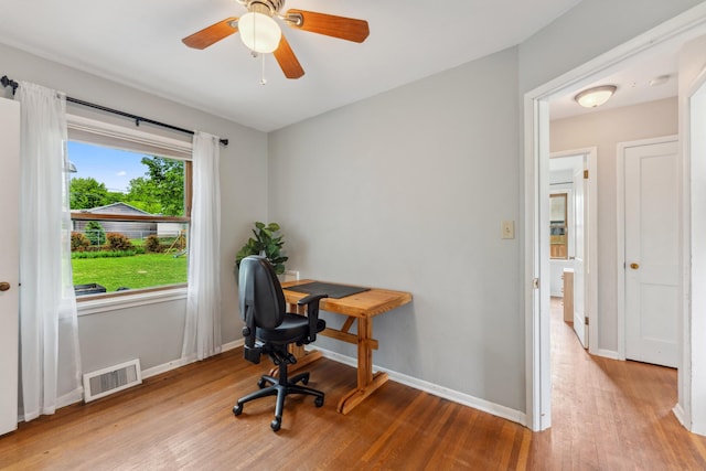 2918 Asbury St, Roseville, MN 55113 - home office featuring wood finished floors, baseboards, and a ceiling fan