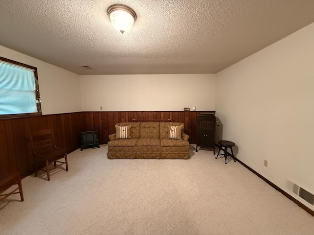1646 5th St, Montevideo, MN 56265 - living area with a textured ceiling, wainscoting, carpet floors, and wood walls