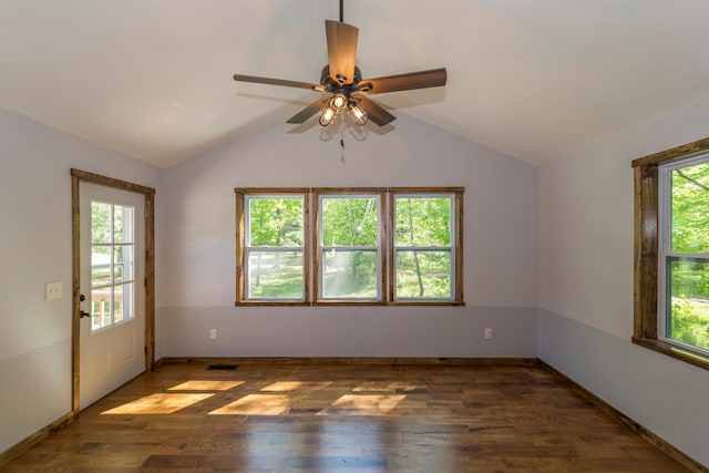 8296 Gladstone Lake Rd, Lake Edward Twp, MN 56401 - spare room featuring lofted ceiling, wood finished floors, a ceiling fan, and baseboards