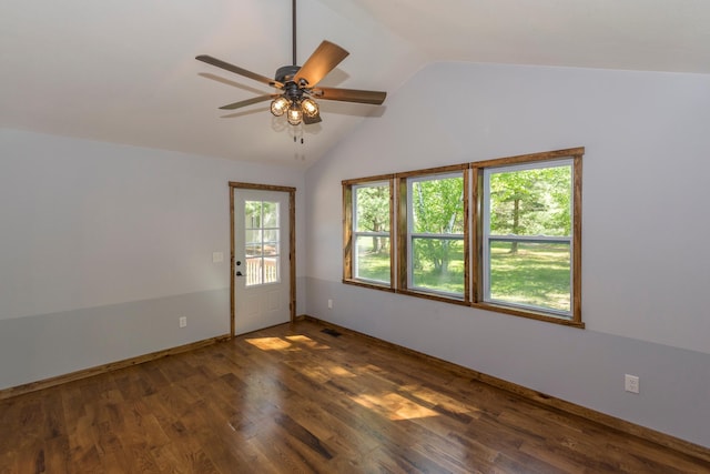 8296 Gladstone Lake Rd, Lake Edward Twp, MN 56401 - spare room with healthy amount of natural light, vaulted ceiling, ceiling fan, and wood finished floors