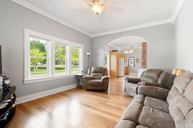 1001 2nd Ave SW, Austin, MN 55912 - living area featuring arched walkways, ornamental molding, a ceiling fan, baseboards, and light wood-style flooring