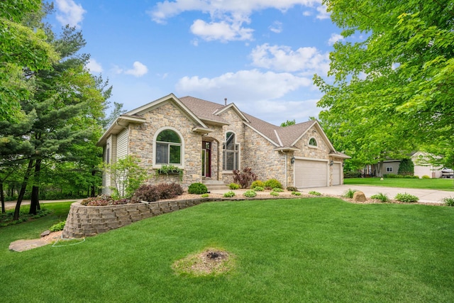 5160 202nd Ln NE, Linwood Twp, MN 55092 - view of front of property with stone siding, driveway, a garage, and a front yard
