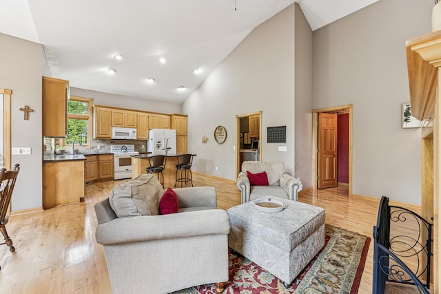 5160 202nd Ln NE, Linwood Twp, MN 55092 - living room featuring light wood finished floors, high vaulted ceiling, and baseboards