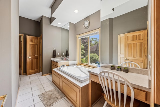 5160 202nd Ln NE, Linwood Twp, MN 55092 - full bath with a whirlpool tub, tile patterned floors, vanity, and recessed lighting