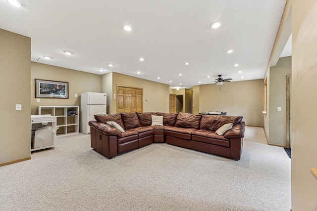 5160 202nd Ln NE, Linwood Twp, MN 55092 - living area with light carpet, recessed lighting, a ceiling fan, and baseboards