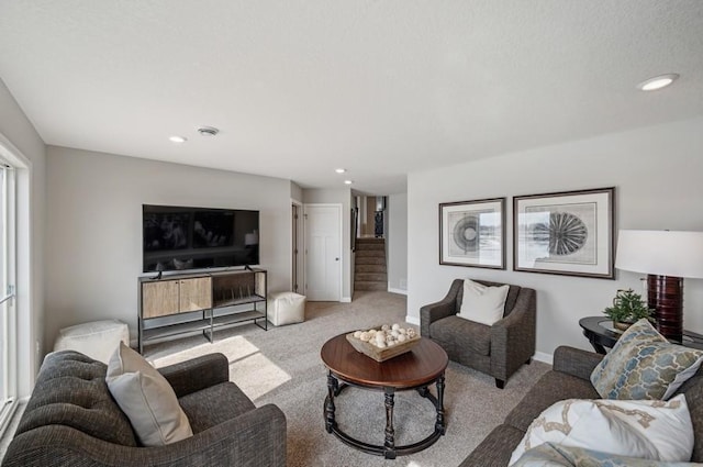 1955 Fulton Rd, Carver, MN 55315 - living area with carpet flooring, stairway, recessed lighting, and baseboards