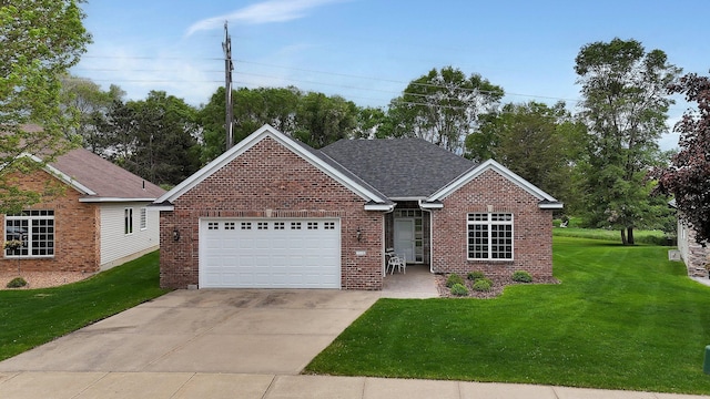 1538 Katrina Ct, Saint Cloud, MN 56301 - view of front of house with a front lawn, a garage, brick siding, concrete driveway, and roof with shingles