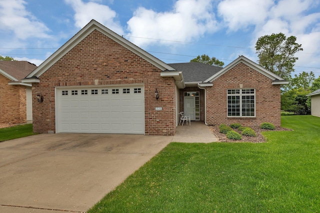 1538 Katrina Ct, Saint Cloud, MN 56301 - view of front of house featuring brick siding, driveway, a front lawn, an attached garage, and a shingled roof