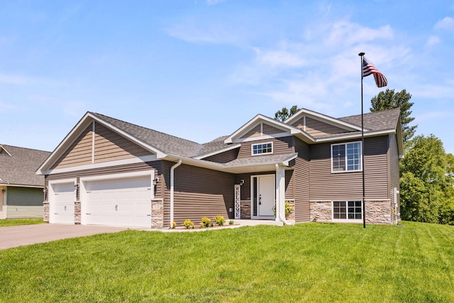 970 Acacia Dr S, Annandale, MN 55302 - craftsman-style house featuring stone siding, a garage, a front lawn, concrete driveway, and a shingled roof