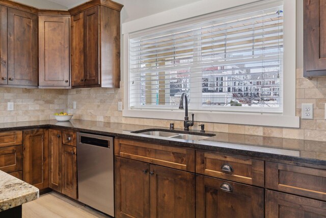 15653 Cobblestone Lake Pkwy, Apple Valley, MN 55124 - kitchen featuring dishwasher, a sink, dark stone countertops, and tasteful backsplash