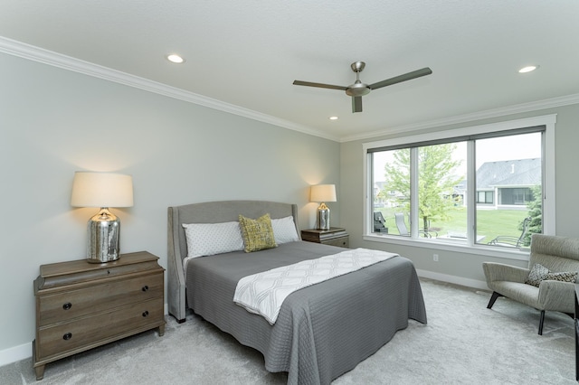 2720 Bentley Dr SW, Rochester, MN 55902 - bedroom featuring baseboards, light carpet, recessed lighting, crown molding, and a ceiling fan