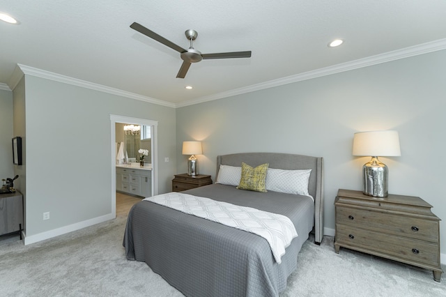 2720 Bentley Dr SW, Rochester, MN 55902 - bedroom featuring light carpet, ornamental molding, baseboards, recessed lighting, and connected bathroom