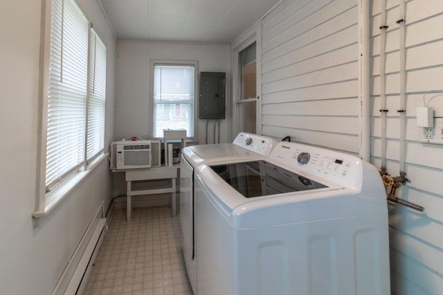 2320 3rd St N, Saint Cloud, MN 56303 - washroom with independent washer and dryer, electric panel, light floors, a baseboard heating unit, and baseboards