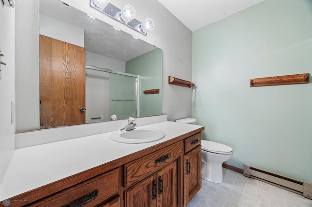 2802 29th Ave S, Moorhead, MN 56560 - full bathroom with a baseboard heating unit, toilet, vanity, an enclosed shower, and a textured ceiling