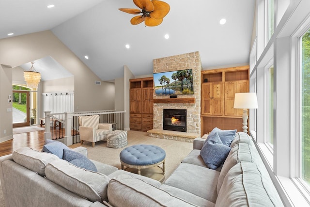 8580 Maple View Dr, Cologne, MN 55322 - living room with recessed lighting, high vaulted ceiling, a ceiling fan, and a fireplace