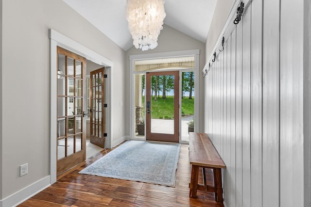 8580 Maple View Dr, Cologne, MN 55322 - foyer with a chandelier, lofted ceiling, dark wood-style flooring, and baseboards
