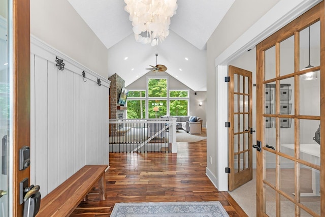 8580 Maple View Dr, Cologne, MN 55322 - foyer entrance featuring vaulted ceiling, wood finished floors, a chandelier, french doors, and a ceiling fan
