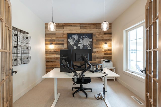 8580 Maple View Dr, Cologne, MN 55322 - office with wooden walls, an accent wall, light colored carpet, and baseboards