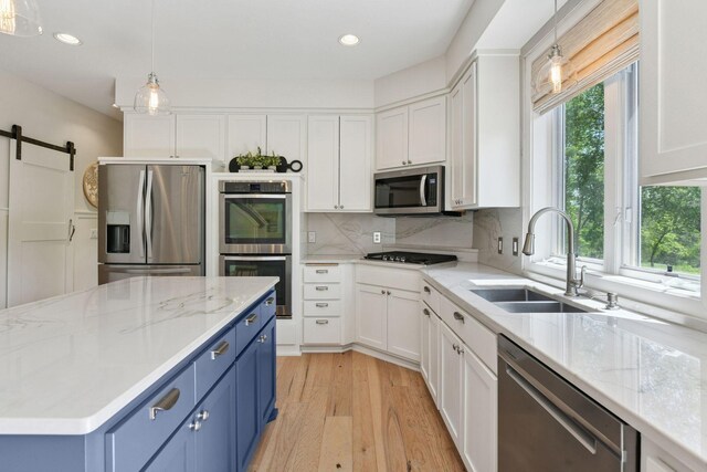 9375 Cold Stream Ln, Eden Prairie, MN 55347 - kitchen with appliances with stainless steel finishes, blue cabinetry, a sink, white cabinetry, and a barn door