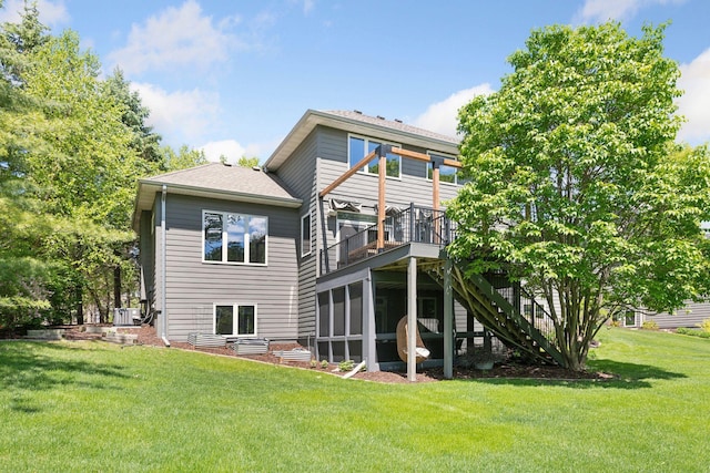 9375 Cold Stream Ln, Eden Prairie, MN 55347 - rear view of house with a wooden deck, a lawn, stairs, and cooling unit