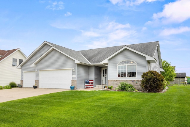 2101 Blake Ave, Lester Prairie, MN 55354 - view of front of house featuring a front yard, an attached garage, driveway, brick siding, and a shingled roof