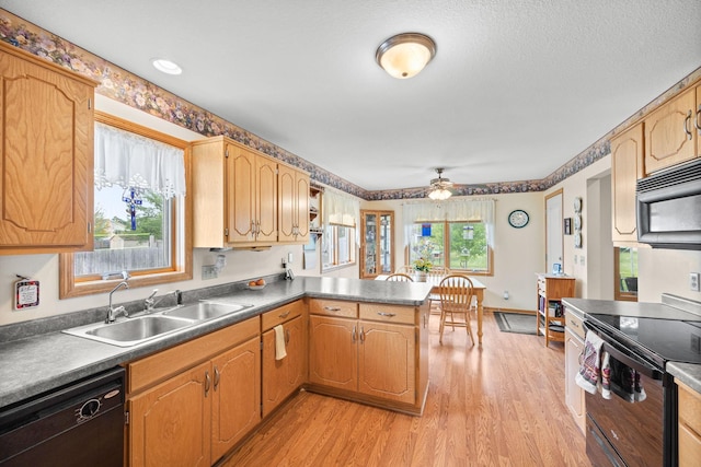 2101 Blake Ave, Lester Prairie, MN 55354 - kitchen featuring black appliances, a sink, a peninsula, light wood finished floors, and ceiling fan