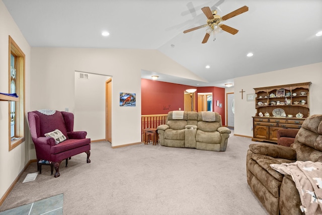 2101 Blake Ave, Lester Prairie, MN 55354 - living area featuring vaulted ceiling, a ceiling fan, baseboards, recessed lighting, and light carpet