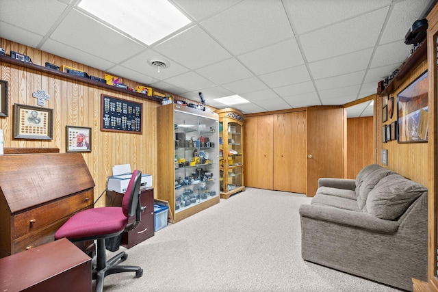 2101 Blake Ave, Lester Prairie, MN 55354 - home office featuring a drop ceiling, carpet floors, and wood walls