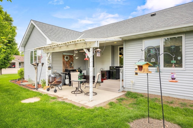 2101 Blake Ave, Lester Prairie, MN 55354 - back of house with a shingled roof, a lawn, and a patio area