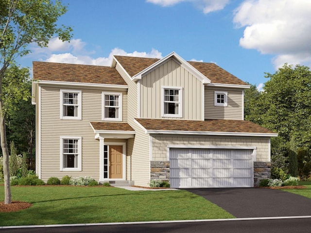 10664 29th St NE, Saint Michael, MN 55376 - view of front of home with a garage, driveway, board and batten siding, a front yard, and stone siding