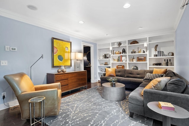 17209 Grays Bay Blvd, Minnetonka, MN 55391 - living area with wood finished floors, crown molding, baseboards, built in features, and recessed lighting