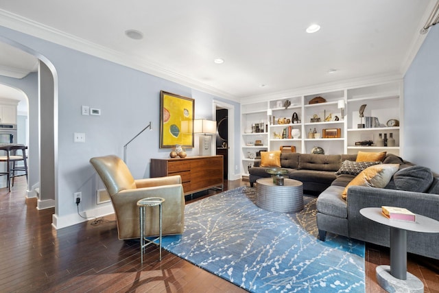 17209 Grays Bay Blvd, Minnetonka, MN 55391 - living area with arched walkways, wood finished floors, crown molding, baseboards, and built in shelves