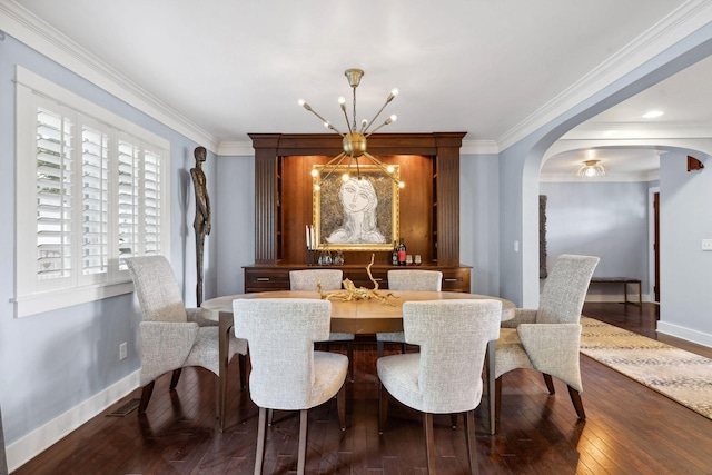 17209 Grays Bay Blvd, Minnetonka, MN 55391 - dining area with a chandelier, arched walkways, baseboards, dark wood finished floors, and crown molding