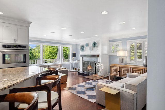 17209 Grays Bay Blvd, Minnetonka, MN 55391 - living room featuring a premium fireplace, dark wood-type flooring, crown molding, and recessed lighting