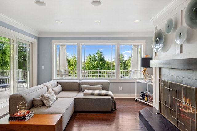 17209 Grays Bay Blvd, Minnetonka, MN 55391 - living room with wood-type flooring, healthy amount of natural light, a fireplace, baseboards, and crown molding