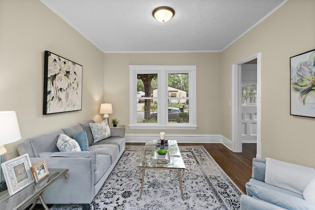 248 Ivy Ave W, Saint Paul, MN 55117 - living area featuring dark wood-style floors, a textured ceiling, baseboards, and crown molding