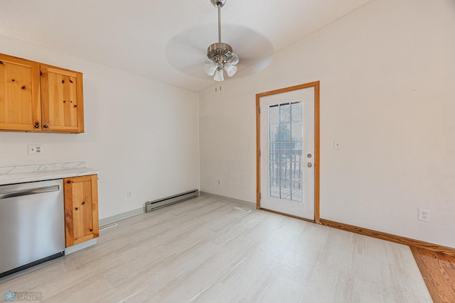 838 8th Ave E, West Fargo, ND 58078 - unfurnished dining area with light wood-style flooring, baseboard heating, a ceiling fan, and baseboards
