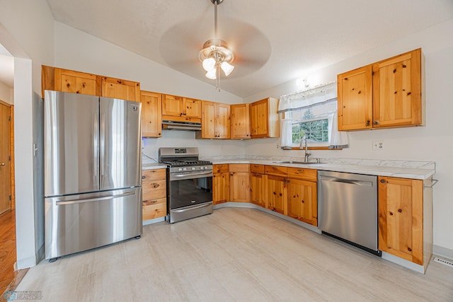838 8th Ave E, West Fargo, ND 58078 - kitchen with stainless steel appliances, a sink, under cabinet range hood, vaulted ceiling, and light countertops