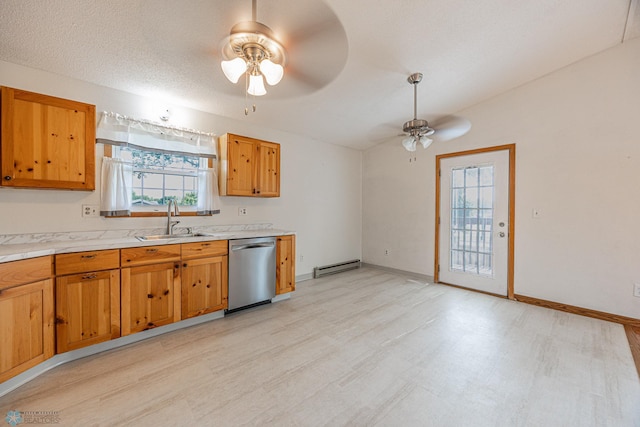 838 8th Ave E, West Fargo, ND 58078 - kitchen featuring stainless steel dishwasher, ceiling fan, a sink, light countertops, and lofted ceiling