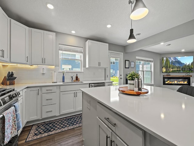 14540 112th Ave N, Dayton, MN 55369 - kitchen featuring a sink, stainless steel gas range oven, dark wood-style floors, recessed lighting, and light countertops