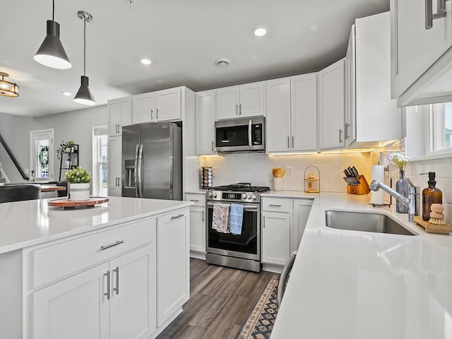 14540 112th Ave N, Dayton, MN 55369 - kitchen featuring appliances with stainless steel finishes, a sink, healthy amount of natural light, dark wood-style floors, and recessed lighting