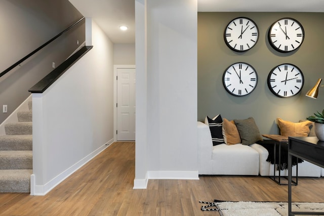 906 Woodlawn Ave Unit D, Saint Paul, MN 55116 - interior space featuring baseboards, stairs, wood finished floors, and recessed lighting