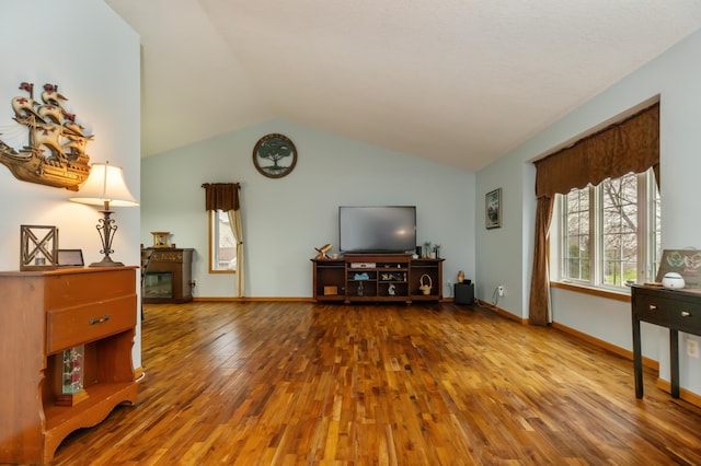 10346 Oakridge Pl, Elko New Market, MN 55020 - living room with hardwood / wood-style floors, lofted ceiling, a glass covered fireplace, and baseboards