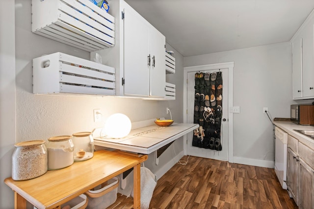 460 Broadway St E, New Germany, MN 55367 - kitchen with white cabinetry, dark wood-style floors, white dishwasher, and light countertops