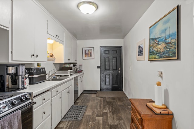 460 Broadway St E, New Germany, MN 55367 - kitchen with range with electric stovetop, light countertops, white cabinets, and dark wood-style flooring