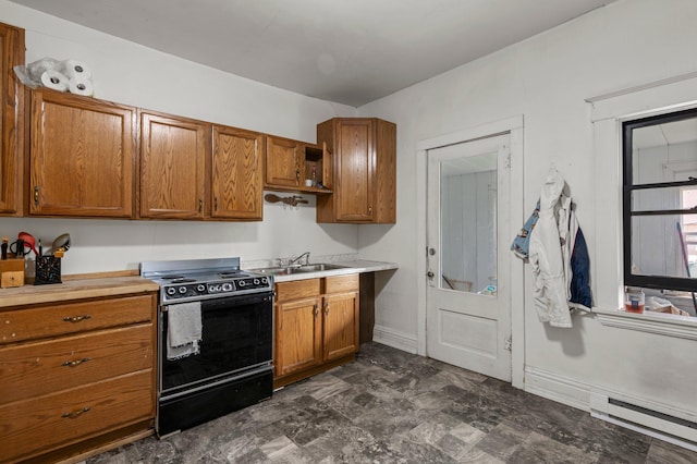 460 Broadway St E, New Germany, MN 55367 - kitchen with black range with electric stovetop, brown cabinetry, a baseboard radiator, light countertops, and open shelves