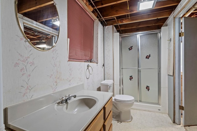 8309 39th St N, Lake Elmo, MN 55042 - full bath with vanity, a stall shower, toilet, and wallpapered walls