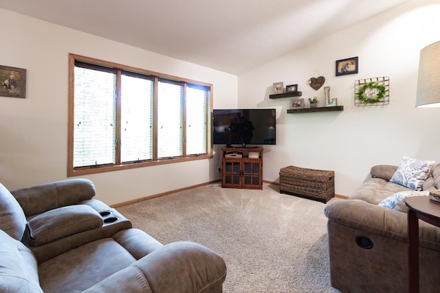 1941 230th St, Saint Croix Falls, WI 54024 - carpeted living area with baseboards and vaulted ceiling