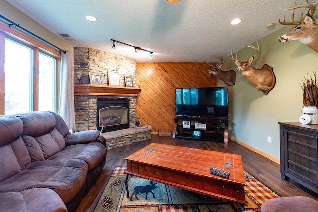 1941 230th St, Saint Croix Falls, WI 54024 - living area with a stone fireplace, baseboards, a textured ceiling, wood finished floors, and track lighting