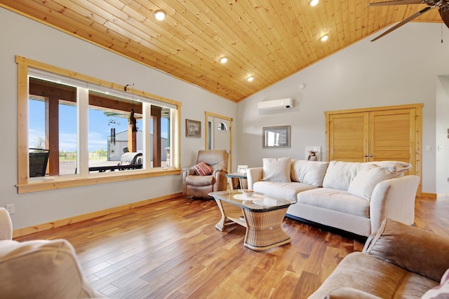 10080 550th St, Rock Creek, MN 55069 - living area with a wall mounted air conditioner, wooden ceiling, recessed lighting, ceiling fan, and high vaulted ceiling